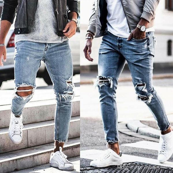 

mens spring new ripped jeans denim blue holes hombres street clothing casual long pencil pants