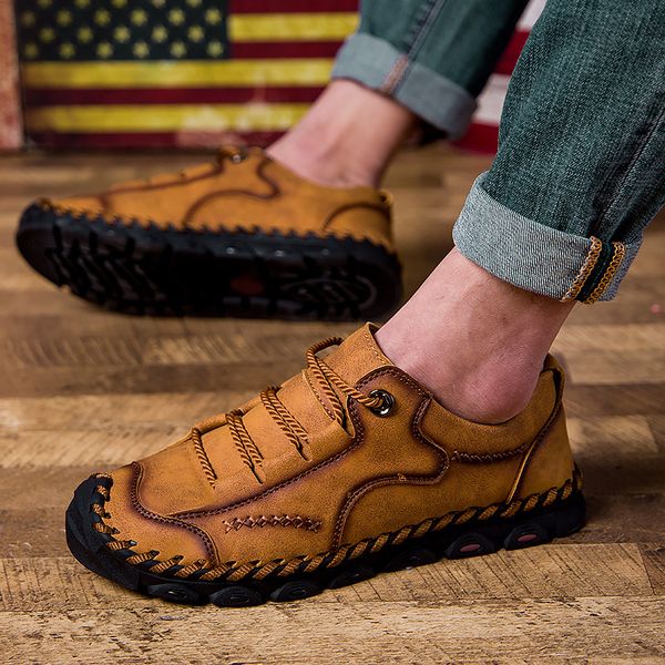 

men loafers for men 2019 hand-stitched mens shoes genuine leather comfortable soft casual shoes leather big size 47, Black