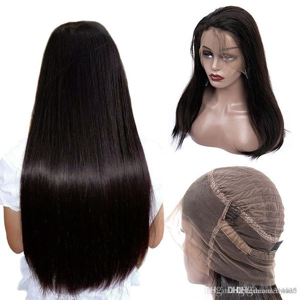 

24 дюймов малайзийский 360 фронтальные прямые парики шнурка предварительно сорвал с волос remy человеческие волосы длинные 13x6 полный парик, Black