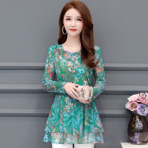 

plus size 2019 new autumn full sleeve slim mesh in long fat mm brim covered his blouse shirt and purple leaves green 8955, White