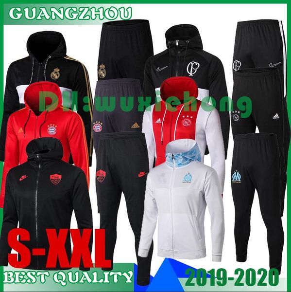 

2019 2020 real madrid bayern marseille ajax soccer hoodie jacket tracksuit de foot 19 20 hazard payet thauvin hooded jacket training suit, Black
