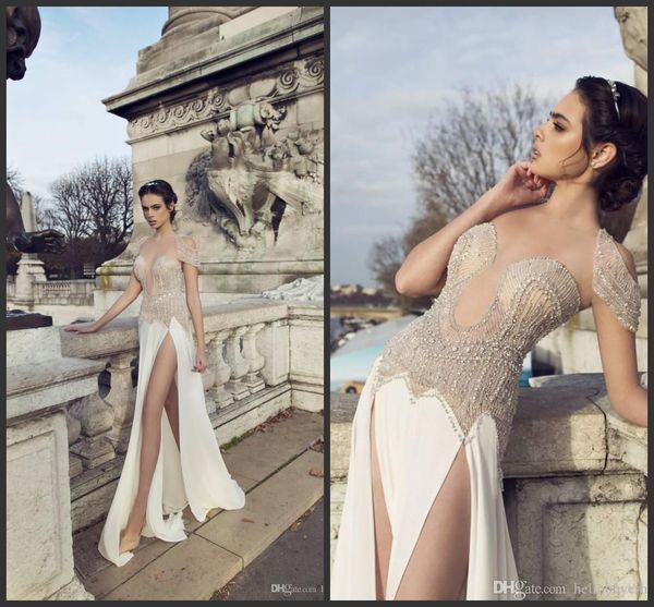 

чешский летний пляж 2019 бисером линии свадебные платья высокая сторона сплит шифон бохо свадебные платья sheer jewel на заказ свадебные пла, White