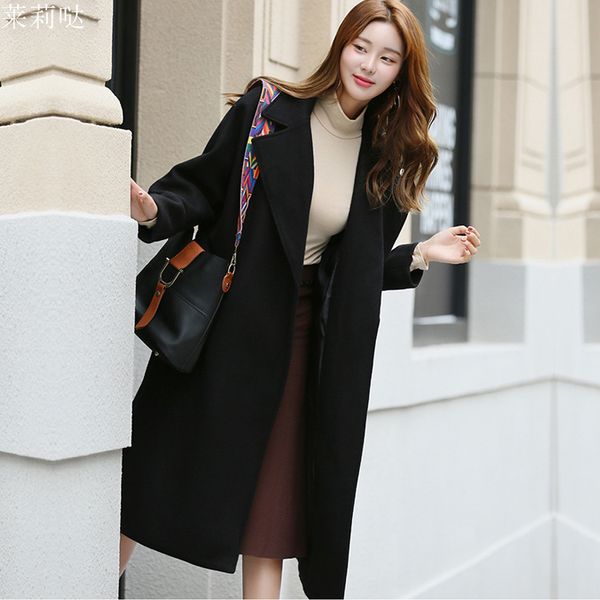 

korean warm womens long coats 2018 winter belt solid wool blend coat and jacket turn-down collar ladies coats, Black
