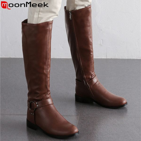 

moonmeek 2020 new knee high boots women round toe zip low heels ladies boots comfortable autumn winterriding big size, Black