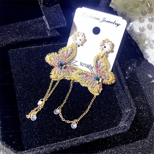 

fashion women pearl luxury earrings embroidery butterfly crystal long tassel drop dangle earrings jewelry for girls gift, Silver