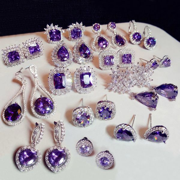 

fashion plant flower purple crystal stone long drop earrings square round oval heart cubic zirconia women party jewelry hanging, Silver