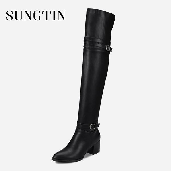 

sungtin autumn winter black plush warm thigh high boots women pu high heel long riding boots ladies plus size motorcycle