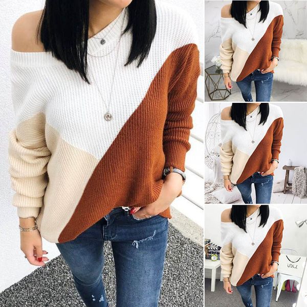 

splicing colour loose sweater women winter knitted female sweaters pullovers casual long sleeve streetwear autumn knit top, White;black