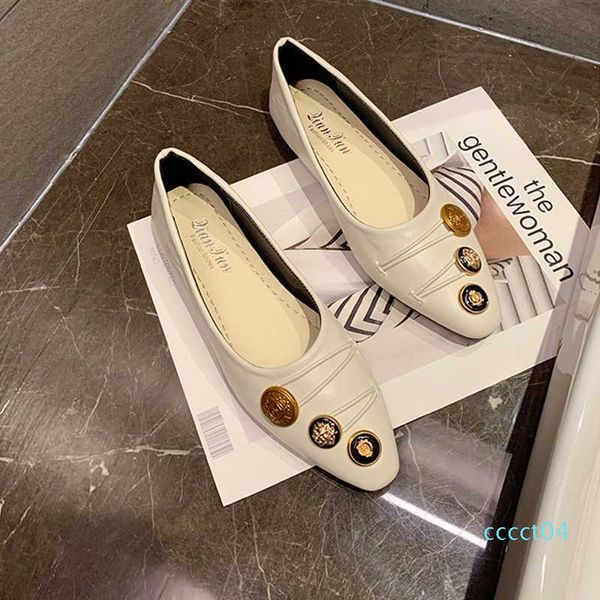 

forenjoy single shoes women 2020 spring new button flat bottom wild grandma shoes pointed shallow mouth women's tide ct04, Black