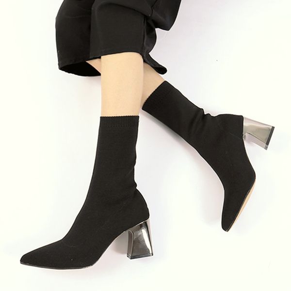 

2020 brand design hoof high heels women shoes woman elegant slip on knitting boots pointed toe sock boot, Black