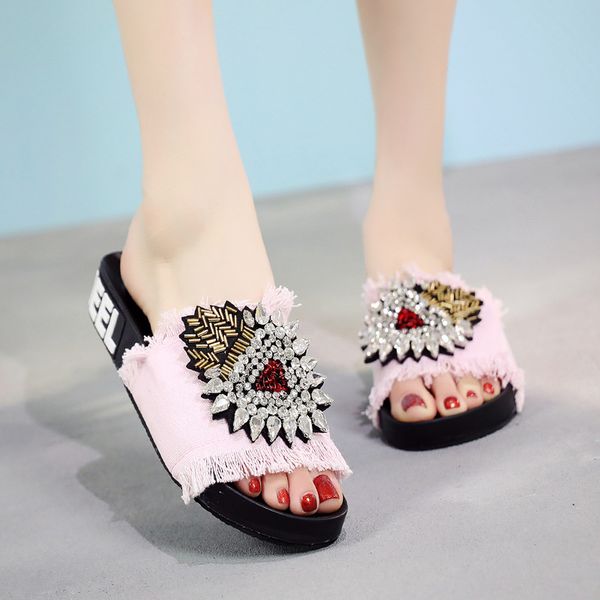 

crystal sunflowers flat sandals women open toe denim tassel slippers slides leisure thick bottom slides cozy slip on shoes mujer, Black