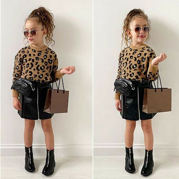 

2pcs toddler kids baby girls clothes leopard sweater mini skirt dress outfit set, White