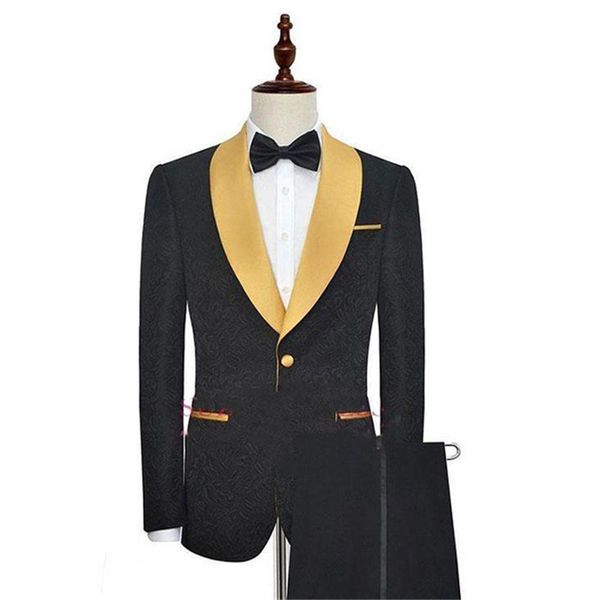 

black jacquard print man suit for wedding tuxedos with gold shawl lapel evening prom men suits two piece man set jacket pants, White;black