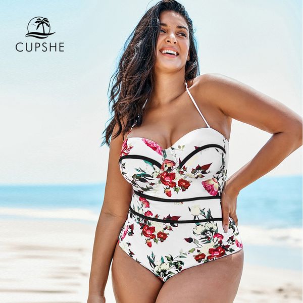 

cupshe plus size white floral print v-neck one piece swimsuit large push up women monokini bathing suit 2020 beach swimwear, White;black