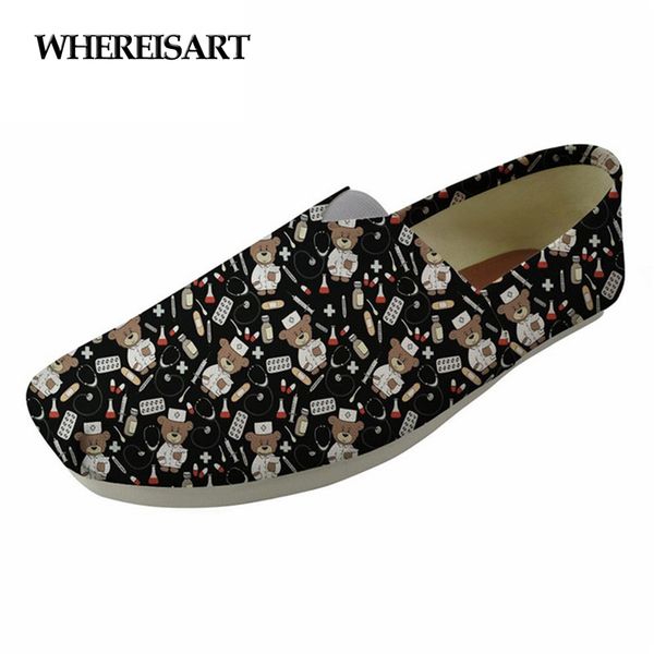 

whereisart cute nurse bear pattern black women's flats shoes ladies casual loafers shoes woman canvas lazy mujer