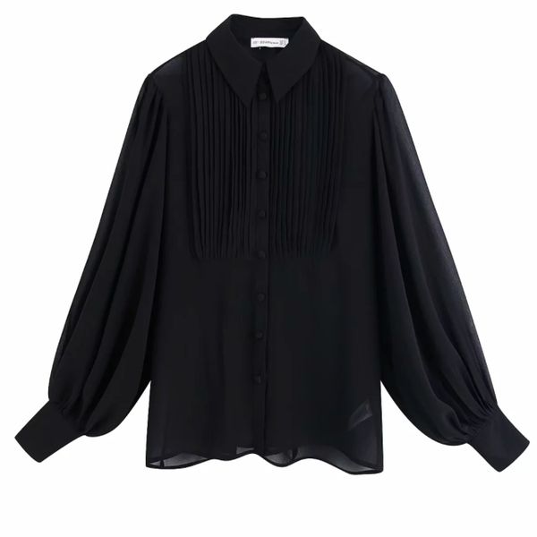 

2020 women fashion turn down collar pleated patchwork black chiffon blouse shirt women chic chemise blusas femininas ls6083, White