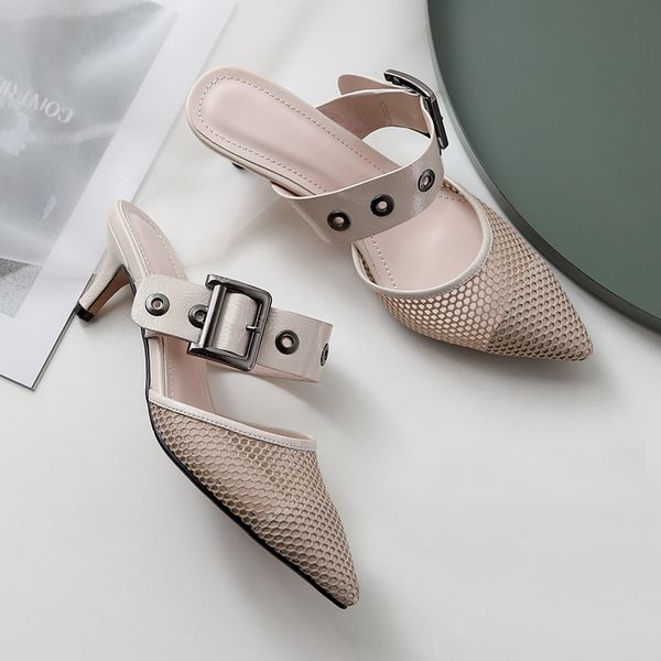 

wholesale designer white black mesh slingback kitten heels pumps sandal loafers woman sandals heel 5cm us3.5-.5