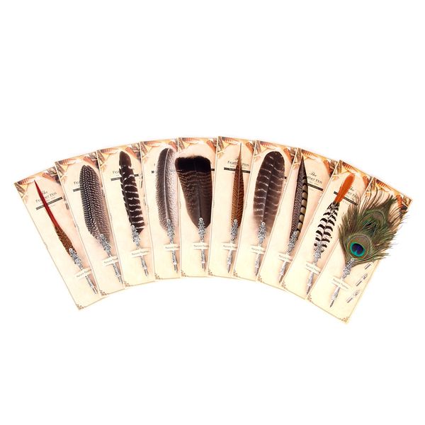 

new creative retro feather enamel pen a variety of animal color feather round body pen set teacher's day gift metal
