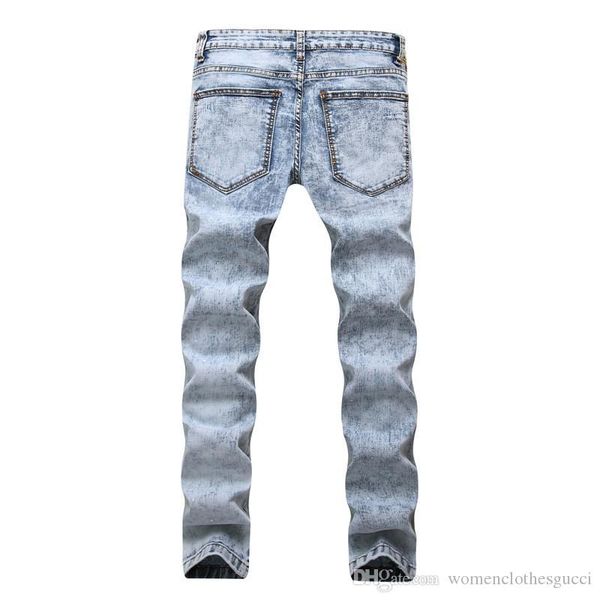 

fold males designer trousers mens washed pure color pants light blue skinny jeans trendy designer male apparel