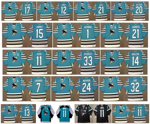 

vintage san jose sharks jersey 11 kelly kisio 33 marty mcsorley 14 patrick marleau 24 sergei makarov 7 igor larionov 15 janney ccm hockey, Black