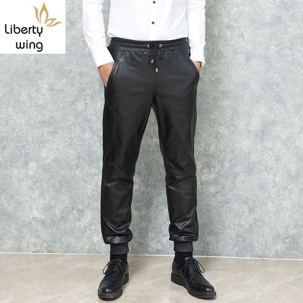 

new man loose fit harem genuine drawstring elastic waist joggers trousers black sheepskin leather pants men