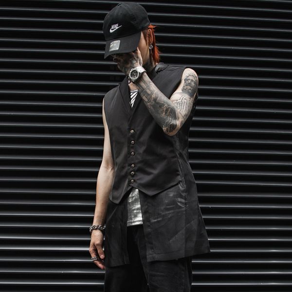 

male punk gothic long vest sleeveless coat waistcoat men slim fit suit vest jacket stage show clothes, Black;white