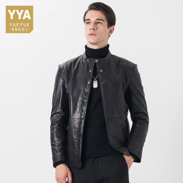 

италия runway натуральная кожа куртка мужчин кнопка stand collar мотоцикл куртки ветровки slim fit короткие стиль мужчины пальто 4xl, Black