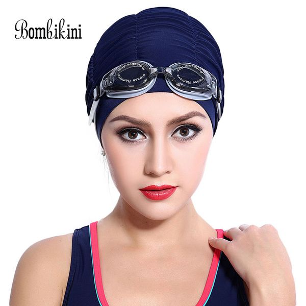 

women drape stretch swimming cap beach swim pool fold hat long hair sports 2017 solid color bathing caps