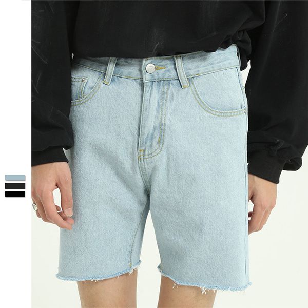 

men summer knee length cotton jeans male japan korea streetwear vintage fashion casual washed cotton denim pant jean, Blue
