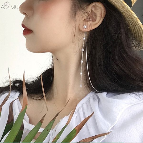 

aomu korea new design elegant double side long taseel pearl dangle earrings for women girl drop earrings gift brinco, Silver