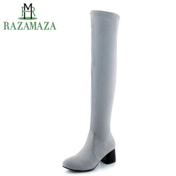 

razamaza size 33-43 women over knee boots high heel boots with thick fur shoes in cold winter botas long women footwears, Black