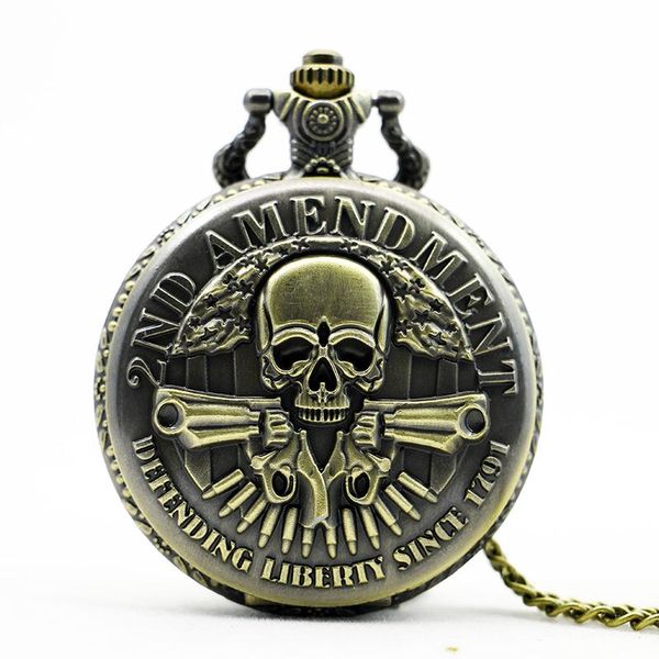 

pocket watch men watches with necklace chain men gift masculino relogio hombre saati new 2nd amendment bronze skull pendant, Slivery;golden