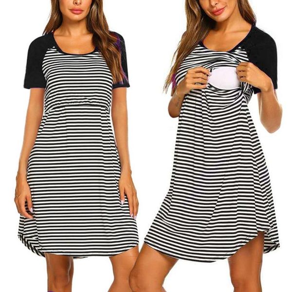 

women maternity dress summer fashion short sleeve striped print nursing dress for breastfeeding pregnancy maternity m140#, White