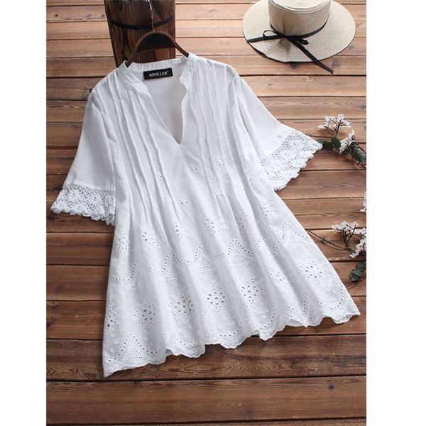 

2019 women summer v neck short sleeve plain loose cotton linen casual hollow out ruffles blouse shirt, White
