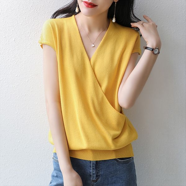 

2020 cotton and linen wrapped chest v-neck short-sleeved t-shirt female solid color versatile slim pure cotton knitted half sleeve, White