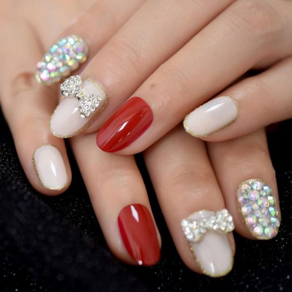 

full rhinestones designed custom press on nails grace silver bowknot beige acrylic false nails nail art tips, Red;gold