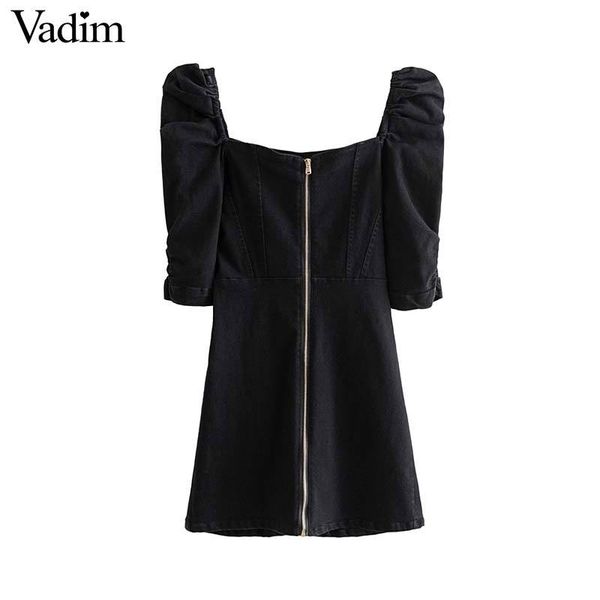 

vadim женщины сексуального квадратный воротник мини-платье спереди молния слоеного рукав женщина случайной твердые эластичный джинсовое плат, Black;pink