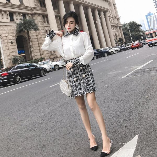 

2019 весна элегантных женщин 2 piece set tweed кисточки шифон рубашка top двубортный шерстяная юбка-карандаш костюм ансамбль femme sh190827, White