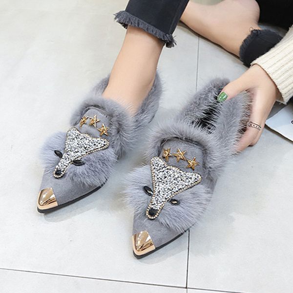 

pointed toe shallow flock fur shoes slippers flat slipers women luxury slides plush soft 2020 designer fabric rubber basic, Black