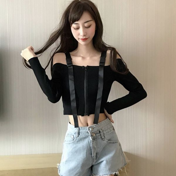 

женщины укороченный топ мода с длинным рукавом вязать топ sexy slash шеи слинг футболка повседневная, White