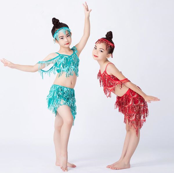 

2019 new kids belly dance sequin wear professional girl oriental dance show outfit 3 piece hair decoration blouse tassel skirt, Black;red