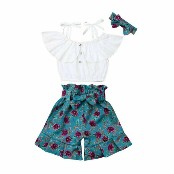 

uk toddler baby girl floral outfits clothes t-shirt shorts pants 3pcs set, White