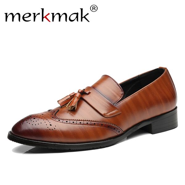 

merkmak autumn men shoes leather loafers classic tassel brogue mans footwear formal shoes men casual flat big size 37-48, Black