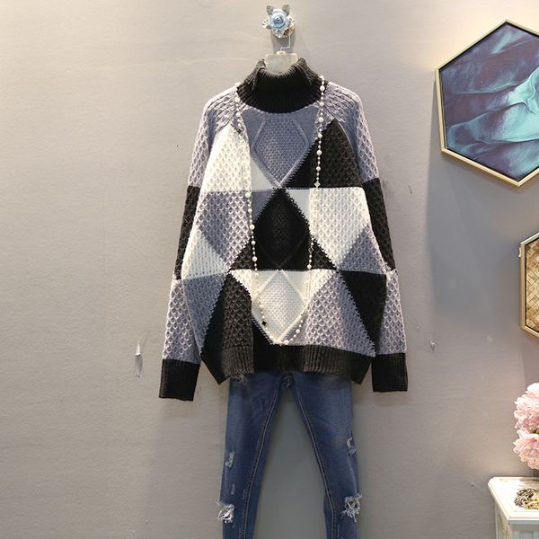 

ewq] 2019 autumn winter new turntable collar long sleeve hit colors knitting pullovers casual sweater women 19c-a69-16-0, White;black