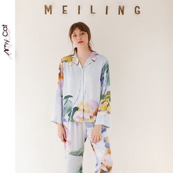 

autumn 2019 satin long sleeve casual pajamas for women sea mystery stripe printing sleepwear viscose sleep home clothes, Black;red