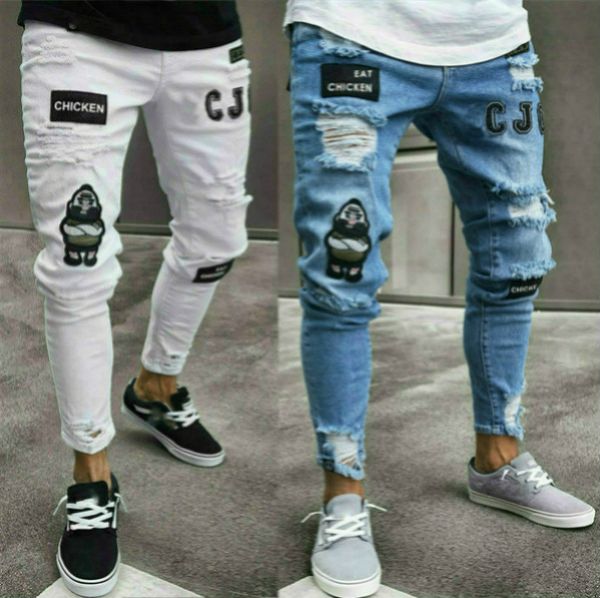 

ripped holes hiphop jeans for mens clothes draped badge designer slim fit jean pants, Blue