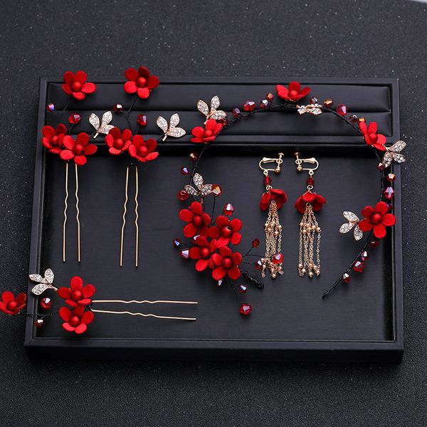 

bridal headdress toast red bridal hair with headdress ancient hair with hairpin earrings set accessories, Silver