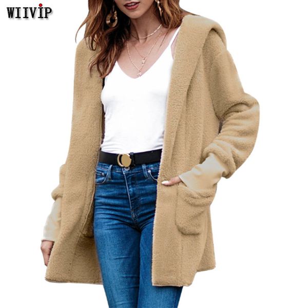 

2019 женский теплый с капюшоном куртка пальто сплошной цвет с длинным рукавом зима кашемир кардиган свободные пальто манто femme 9028, Black