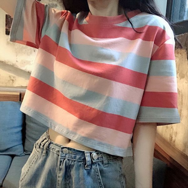 

striped small coat with waist-exposed short women's elegant style with navel-exposed loose student summer short-sleeved t-shirt ins fas, White