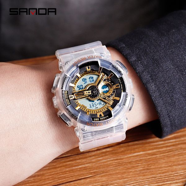 

sanda soft silicone transparent quartz watch fashion waterproof women casual watches week luminous alarm calendar for summer, Slivery;brown